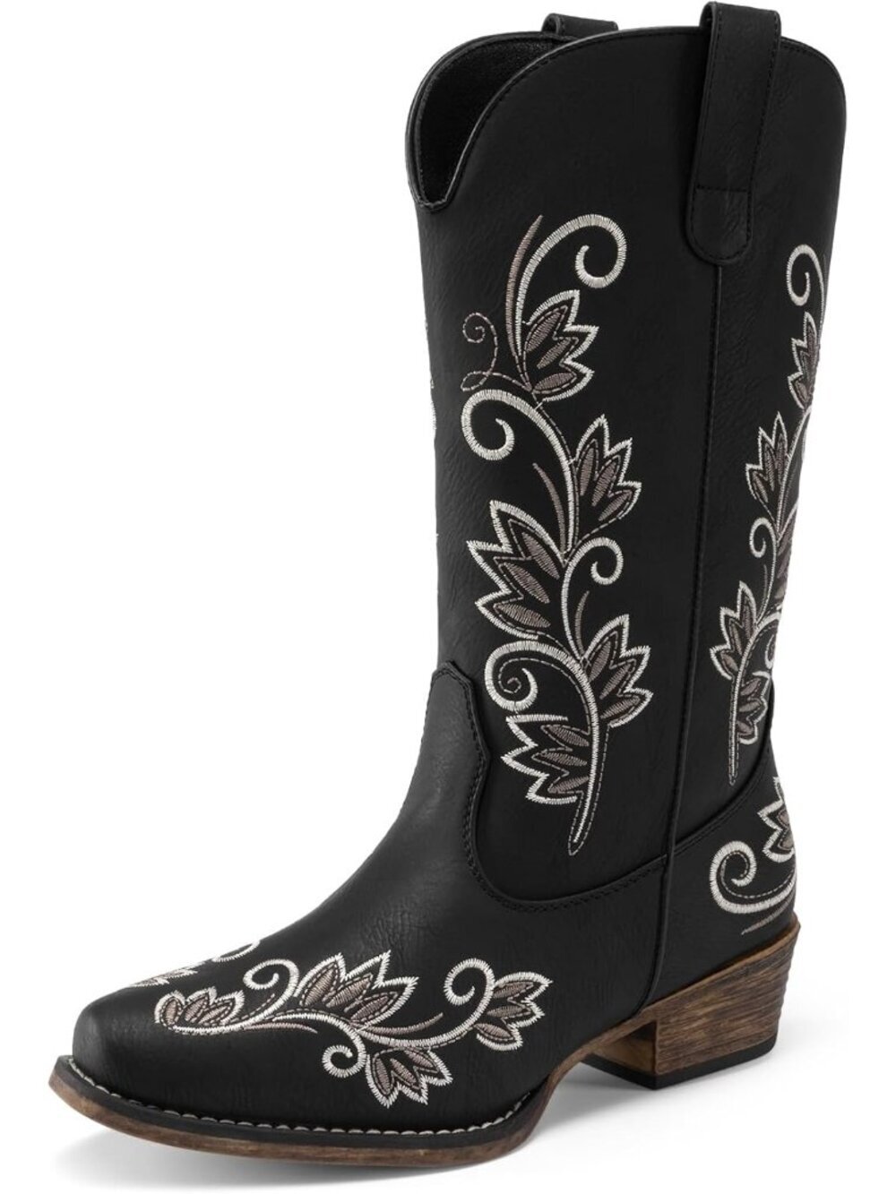 Women's Black Cowboy Cowgirl Western Mid Calf Boots Square Toe Embroidered